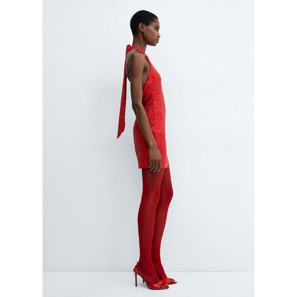 NWT Mango Red Sequined Halter Neck Mini Dress Cocktail Party Glam Bling Size 8 - Picture 4 of 6